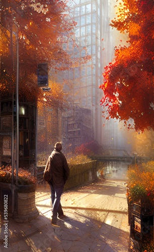 Drawing of the streets of the city in the fall. Autumn mood. 