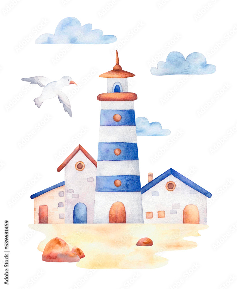 Postcard for print with lighthouse, buildings and seagull in cartoon style. Watercolor illustration. Postcard for print with lighthouse, buildings and seagull in cartoon style. Watercolor illustration.