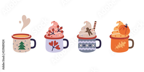 Set of hot drinks, cartoon style. Pumpkin spice latte, Christmas holiday coffee mug. Trendy modern vector illustration isolated on white background, hand drawn, flat design.