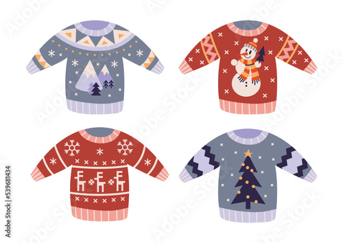 Set of Traditional ugly Christmas sweaters with intarsias, cartoon style. Cozy mood for winter. Trendy modern vector illustration isolated on white background, hand drawn, flat design.