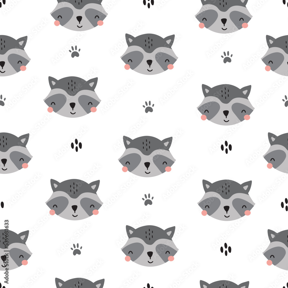 Cute childish seamless pattern with funny raccoons. Vector illustration isolated on white background for nursery and textile decoration