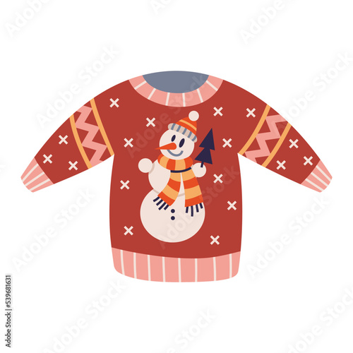 Traditional ugly Christmas sweater with snowman intarsia, cartoon style. Cozy mood for winter. Trendy modern vector illustration isolated on white background, hand drawn, flat design.