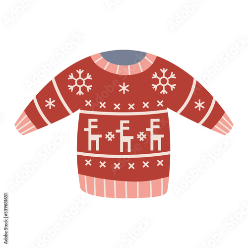 Traditional ugly Christmas sweater with reindeer and snowflake intarsia, cartoon style. Cozy mood for winter. Trendy modern vector illustration isolated on white background, hand drawn, flat design.