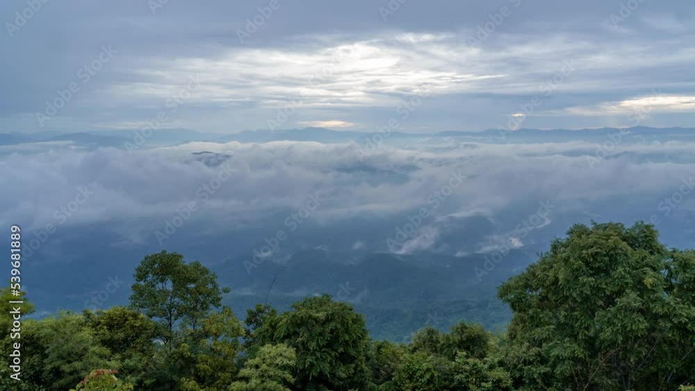 Time lapse of white morning clouds and fogs moving across mountain landscape of Nan province in northern Thailand Time lapse of white morning clouds and fogs moving across mountain landscape of Nan province in northern Thailand