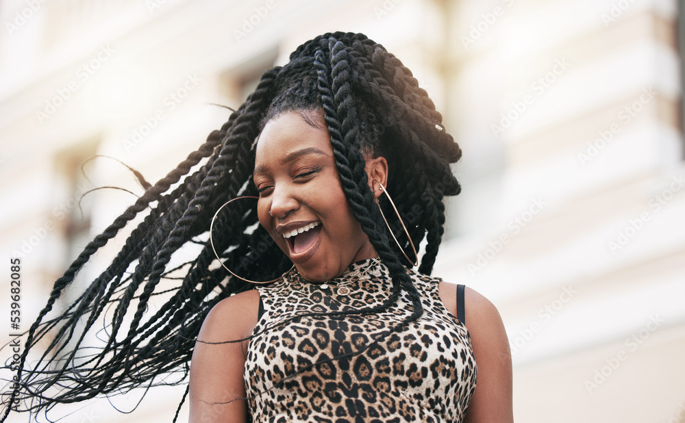 Hair, freedom and fashion with a fun black woman in the city on a ...
