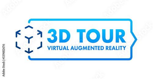 3d Virtual tour. Virtual reality journey. Panoramic view sign. Vector stock illustration.