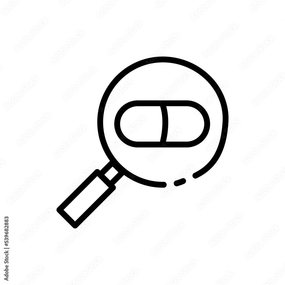 Magnifying glass with medicine line icon. Take pills, disease, capsule, pharmacy, first aid kit, health, hospital, pill reminder. Health care concept. Vector black line icon on a white background Magnifying glass with medicine line icon. Take pills, disease, capsule, pharmacy, first aid kit, health, hospital, pill reminder. Health care concept. Vector black line icon on a white background