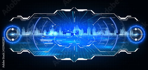 Projection, hologram of the city and virtual reality glasses. View from vr glasses on concept of virtual digital reality. Future digital technology metaverse. Simulation of network futuristic world. 