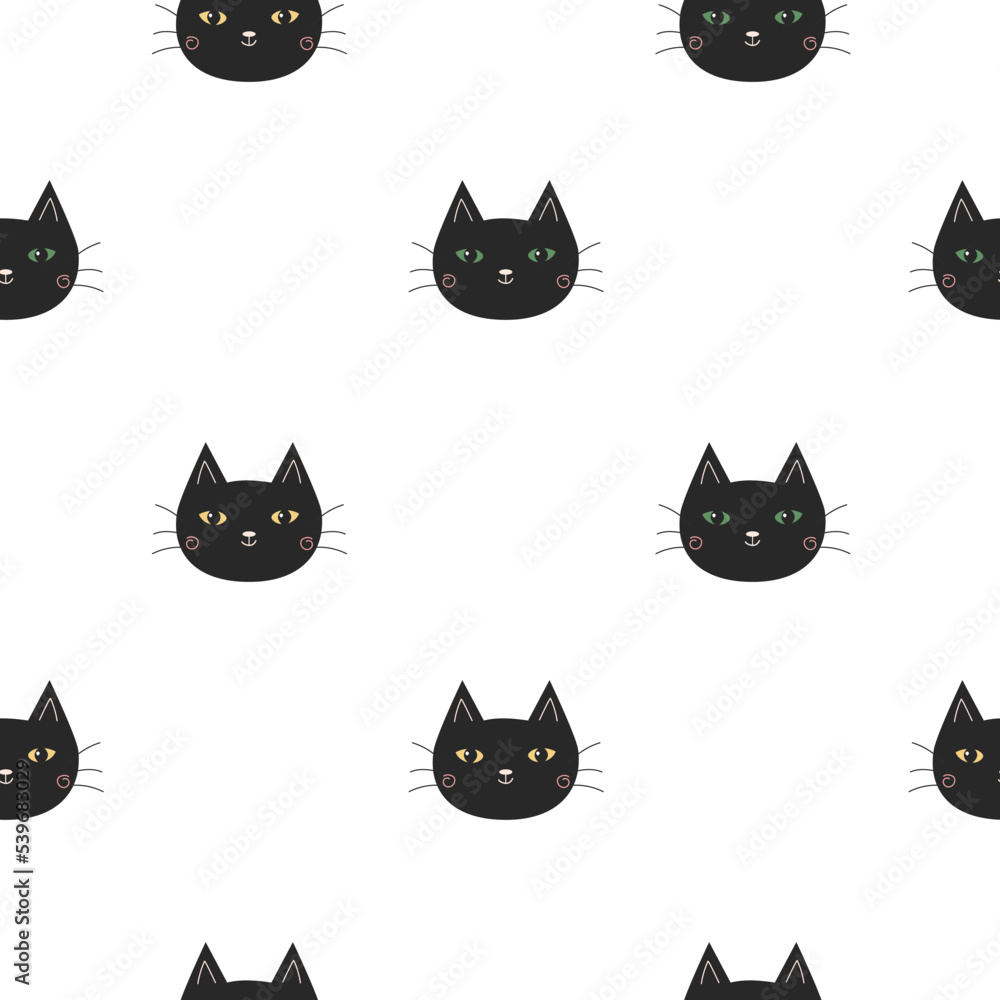 Funny black cat seamless pattern. Cute cat face. Simple children's design in Scandinavian style. Cartoon etsky print. Funny black cat seamless pattern. Cute cat face. Simple children's design in Scandinavian style. Cartoon etsky print.