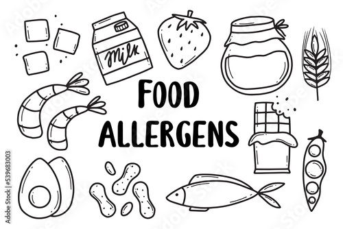 Food Allergens. Allergen Products Collection. Vector illustration. Allergy. Doodle style. Allergen fish, egg, honey, gluten, milk.