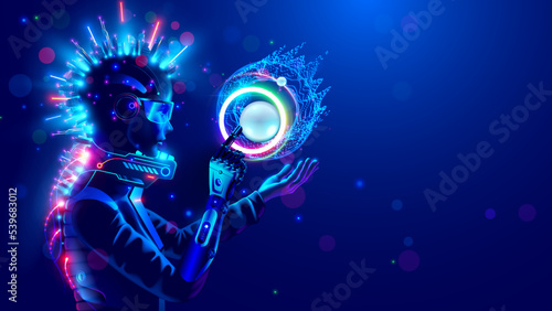 Cyborg woman in cyberpunk style. Cyber girl in futuristic suit with sci-fi tech punk hairstyle. Character girl cyborg looks like robot with electronic implants, 3d VR glasses in cyberspace. Cosplay.