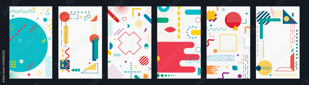 Cards with lots of vector geometric shapes. Memphis trendy graphic elements. Template for your project, advertising, banner, poster, t-shirt.