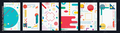 Cards with lots of vector geometric shapes. Memphis trendy graphic elements. Template for your project  advertising  banner  poster  t-shirt.