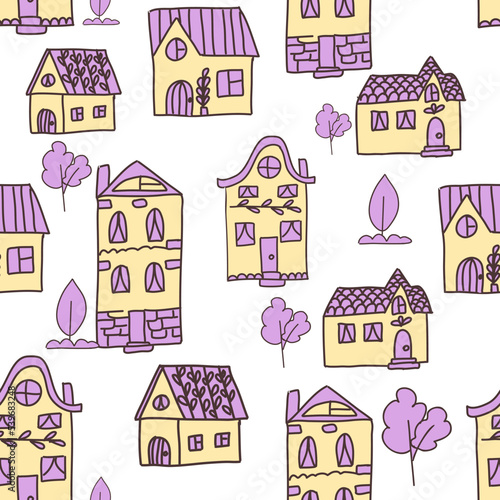 Set of houses isolated on white. Doodle vector illustration.