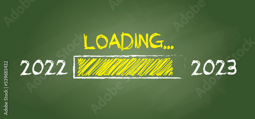 Best wishes, we wish you a Happy new year, 2023 loading bar on school board. Flat vector best midnight slogan or quote. Christmas and New year greeting card. New Year's at midnight.