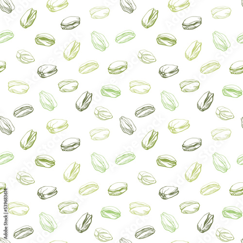 Vector seamless pattern with pistachios. Vegan food illustration.