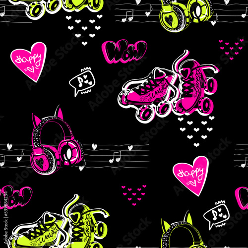 Abstract seamless girlish pattern with headphones, roller skates, music notes, hearts, words Wow on black background. Comics style repeat print for girl. Fancy endless ornament.