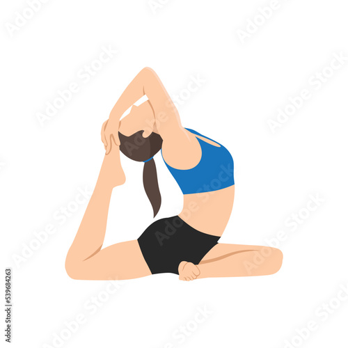 Woman doing One Legged King Pigeon Pose Iii. Practice Eka Pada Rajakapotasana Iii. Flat vector illustration isolated on white background