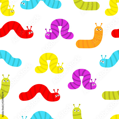 Caterpillar seamless pattern. Insect icon set. Cute crawling bug. Cartoon funny kawaii baby animal character. Smiling face. Colorful bright color. Flat design. White background.