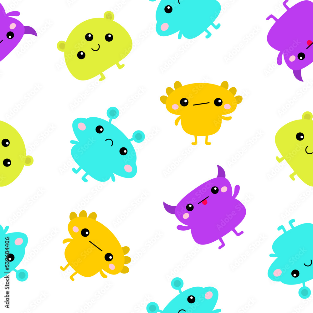Seamless pattern. Monster icon set. Happy Halloween. Cute cartoon kawaii funny baby character. Colorful silhouette. Sticker print. Eyes, horn, fang teeth tongue. Flat design. White background. Seamless pattern. Monster icon set. Happy Halloween. Cute cartoon kawaii funny baby character. Colorful silhouette. Sticker print. Eyes, horn, fang teeth tongue. Flat design. White background.