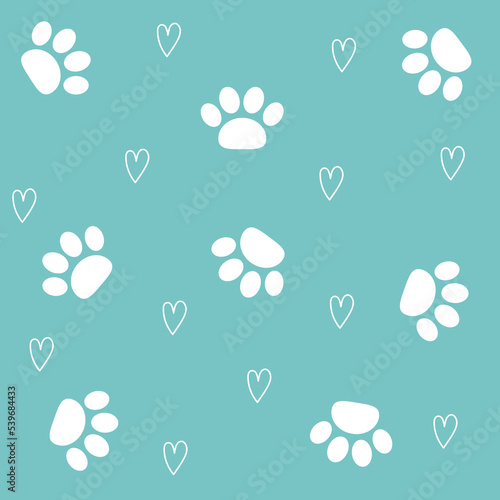 Cat dog animal paw foot print seamless pattern. Footpath footprint trail silhouette. White footprint heart set. Cute kawaii sign symbol. Flat design. Green background. Isolated.