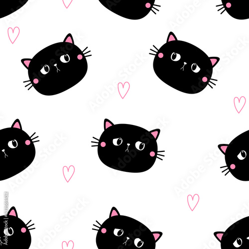 Sad cat seamless pattern. Black head with little pink outline heart. Cute cartoon character. Baby pet collection. Wrapping paper, textile template. White background. Flat design.