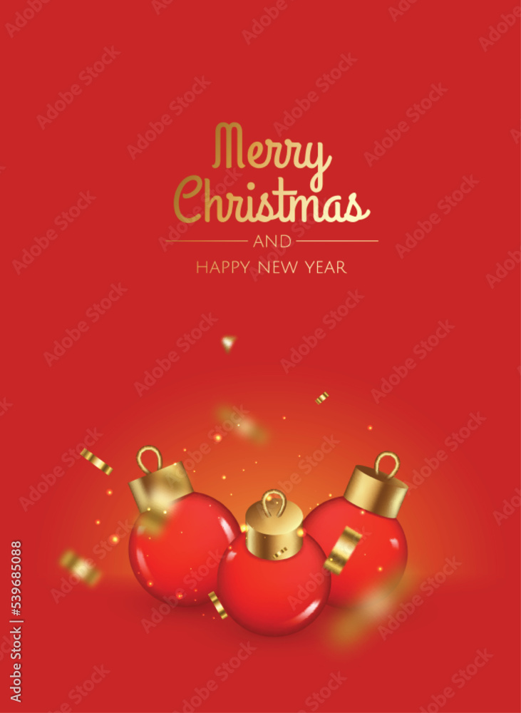 Merry Christmas and Happy New Year. Xmas Festive background with realistic 3d red balls.