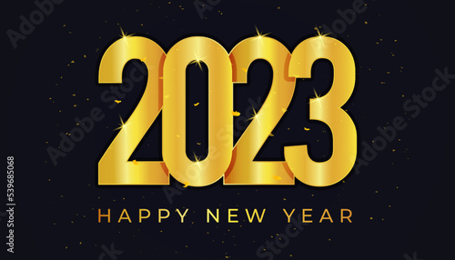 Happy New Year 2023 horizontal banner with golden color and confetti illustration on isolated background