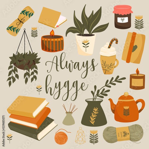 Hygge autumn elements set. Cute and cozy vector set. Illustration of scarves, mittens, coffee, winter forest foliage and stars