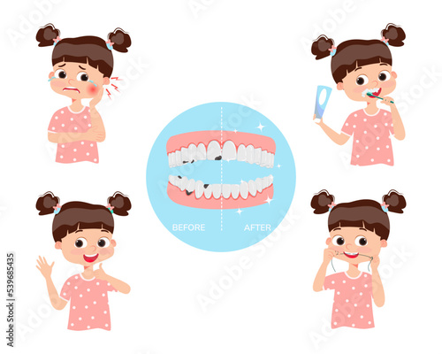 Dental hygiene.Dental children.Child with sick and healthy teeth. The girl brushes her teeth. Use of dental floss and toothbrush. Toothache. Healthy teeth. Vector illustration.