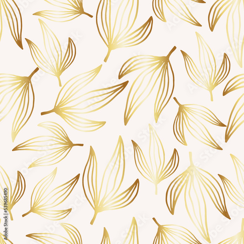 Vector illustration of golden tropical leaves botanical seamless pattern on beige. Floral organic background.
