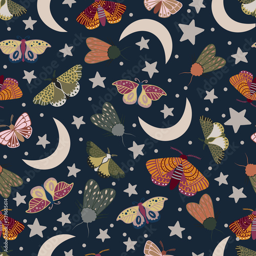 Moths, moon and stars seamless pattern, Dark pattern design, Night butterfly wallpaper, Children fabric design, Linen print, Stationary ornament, Wraping paper print, Moths repeat print