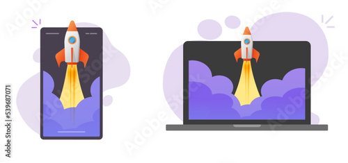 Rocket ship launch power start on cell phone and computer vector icon, digital new project startup app on mobile cellphone or pc laptop, smartphone creative product boost online idea image