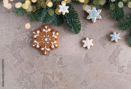Gingerbread cookies on light background. Star shaped spicy biscuits. Christmas cooking background. Top view food.