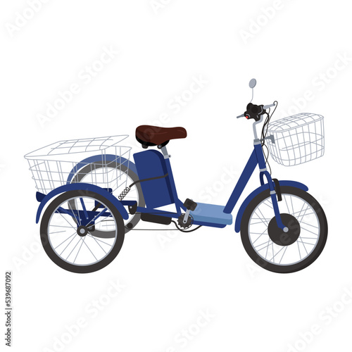Adult tricycle with basket. A bicycle on three wheels. Ecological transport. Delivered of packages by cycling courier tricycle cargo designed and constructed specifically. Flat vector illustration