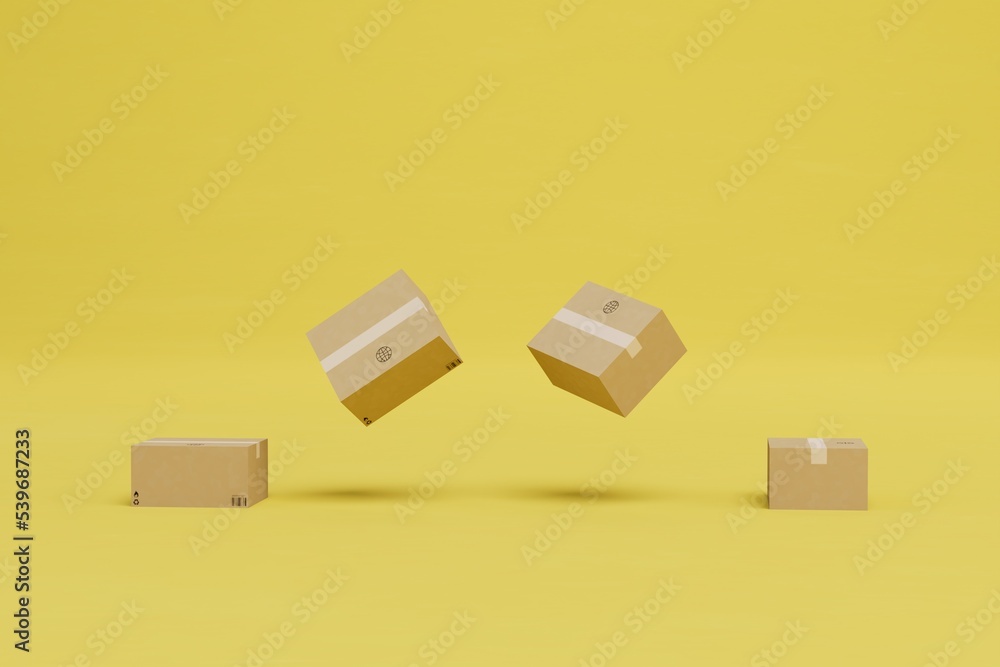 Obraz premium delivery of parcels all over the world. boxes of parcels flying on a yellow background. 3D render