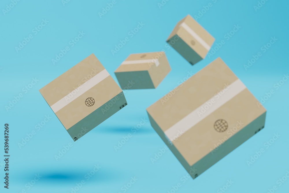 delivery of parcels all over the world. boxes of parcels flying on a blue background. 3D render