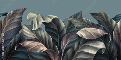 Wallpaper Mural Blue vintage tropical leaves in seamless border design. Premium wallpaper, luxury silver grey background, texture, mural art. 3d dark watercolor floral illustration. Golden, beige, subdued pink colors Torontodigital.ca