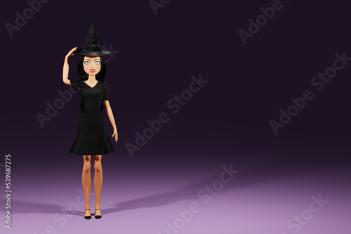 Woman character in witch halloween costume with hat on dark background. 3d render