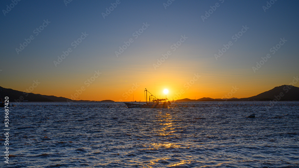 Sunset scenery with fishing boats and seagulls. Beautiful sea sunset and fish boat in Korea.
Scenery of fishing boats at Changhu-ri dock in Ganghwa-do, Incheon. Korean sea landscape. Korea's West Sea.