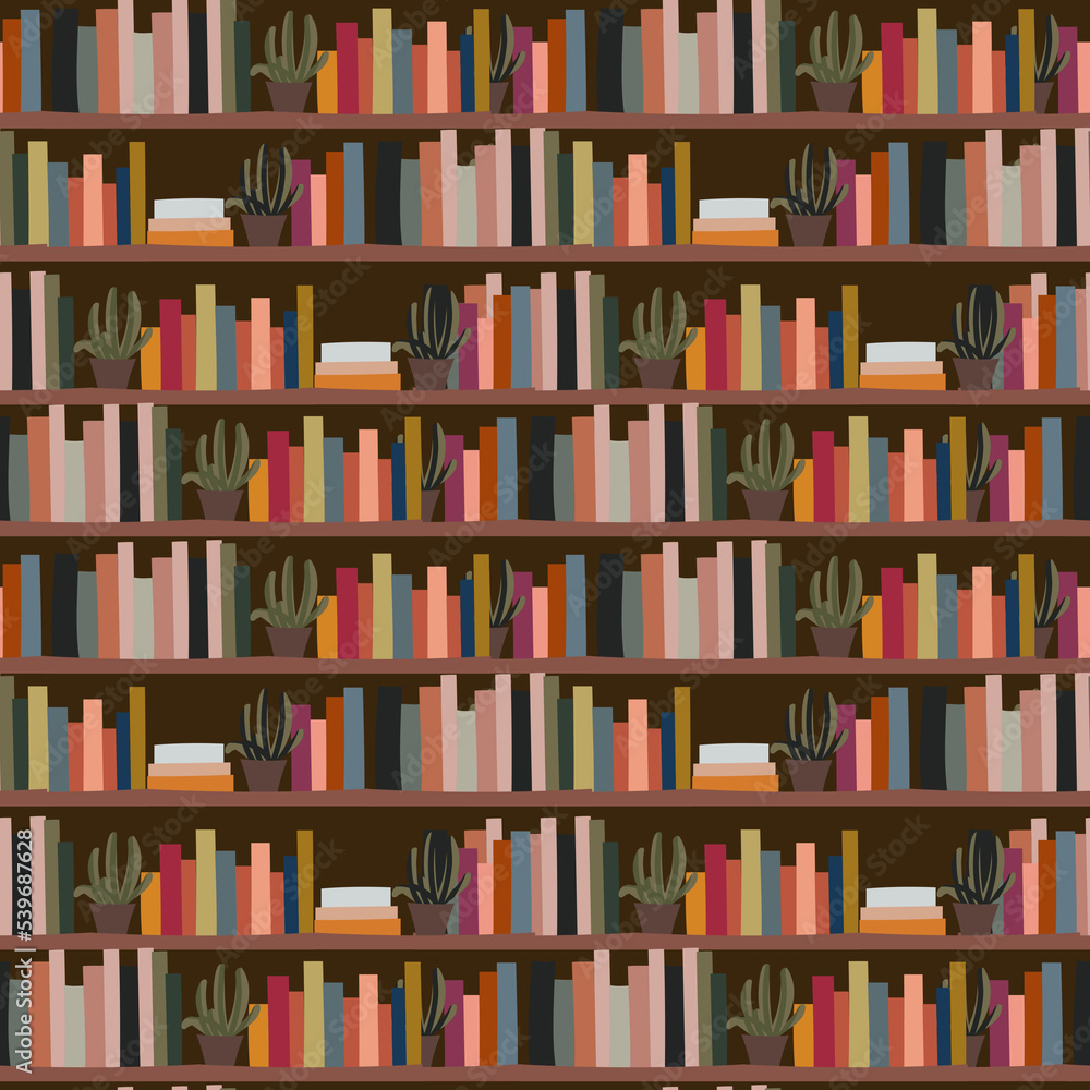 Seamless pattern with books placed on a bookshelf, Books and plant on shelfs wallpaper, Modern repeat design, Wallpaper book print, Library, bookshtore, Flat design, Bookshelfs illustration Seamless pattern with books placed on a bookshelf, Books and plant on shelfs wallpaper, Modern repeat design, Wallpaper book print, Library, bookshtore, Flat design, Bookshelfs illustration