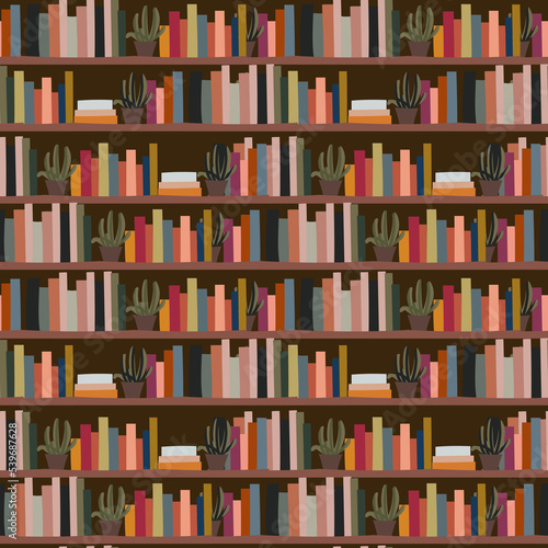Seamless pattern with books placed on a bookshelf  Books and plant on shelfs wallpaper  Modern repeat design  Wallpaper book print  Library  bookshtore  Flat design   Bookshelfs illustration