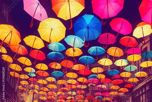 street with colorful floating umbrellas, 3D rendering, raster illustration.