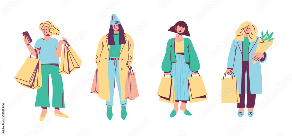 Female characters with shopping bags. Urban lifestyle and shopping concept. Hand drawn flat vector illustration