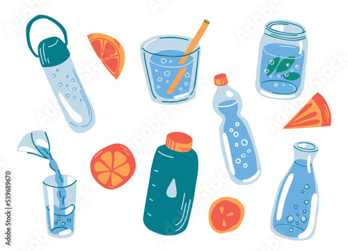Water bottles, jars and glasses collection. Reusable liquid containers for active lifestyle. Stay hydrated concept. Hand drawn vector illustration