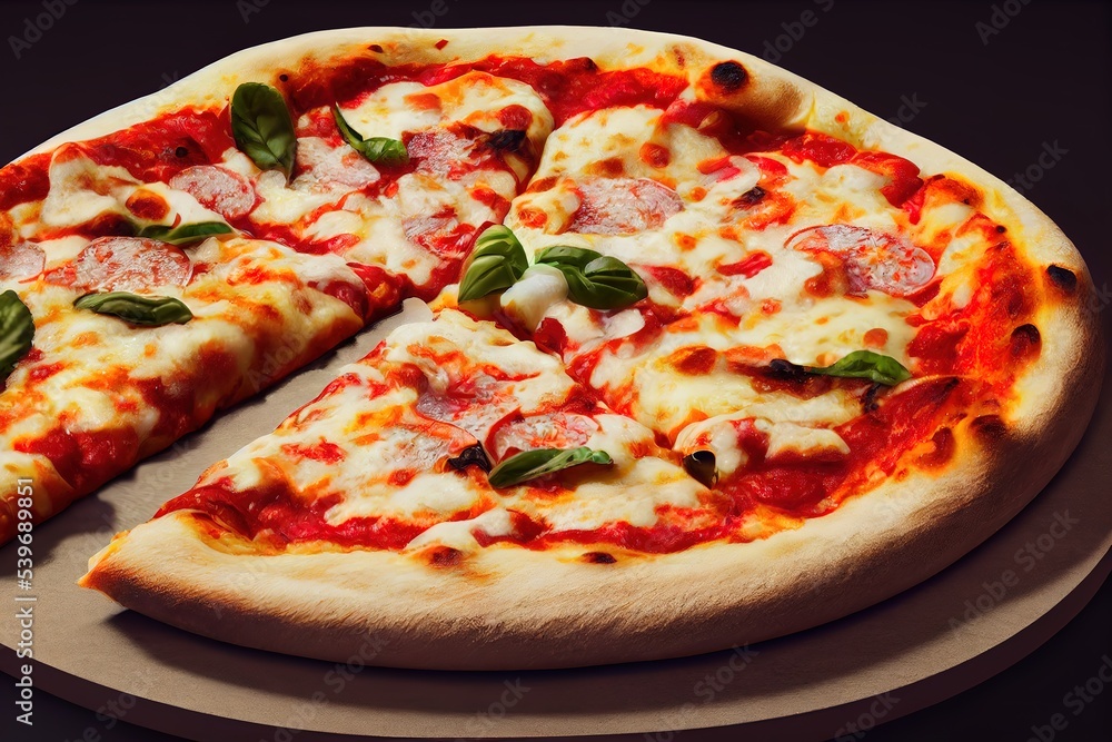Fresh homemade Italian pizza with mozzarella and basil, 3D rendering, raster illustration.