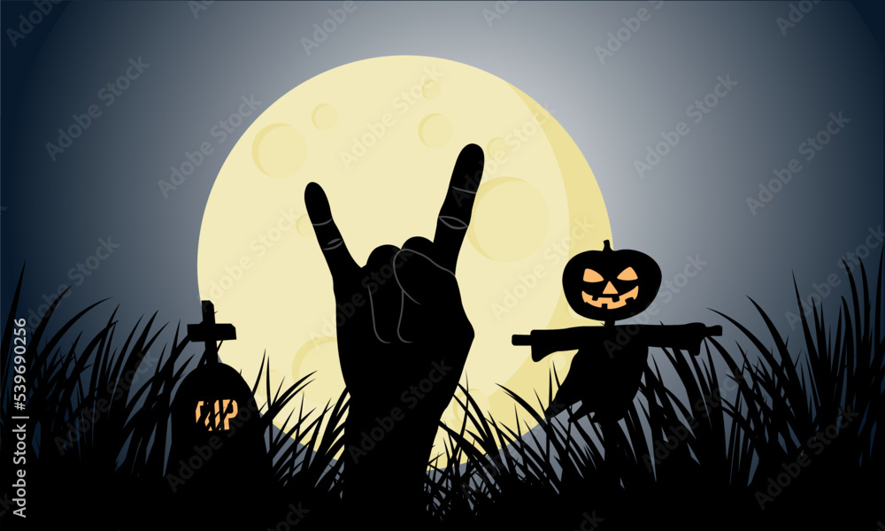Devil's horn symbol emerges from the grave. Rock Devil Hand symbol emerges near grave and the Pumpkin Head Cross on full moon night of Halloween. Devil's horn symbol emerges from the grave. Rock Devil Hand symbol emerges near grave and the Pumpkin Head Cross on full moon night of Halloween.