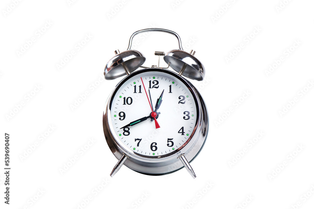 Isolated on white retro metallic alarm clock Isolated on white retro metallic alarm clock