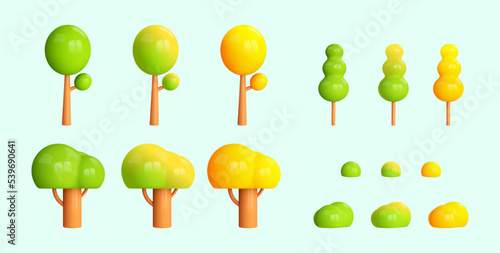 Set 3d green and yellow trees icon. Design element for autumn forest, garden,park, street,eco scene. 3d render stylized plants for game, map. Cartoon ector illustration