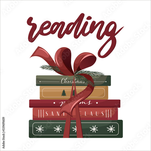Christmas reading fairy tales to children, Stack of winter books, poems and stories, Gift with red ribbon and bow. Cute vector illustration for holidays.